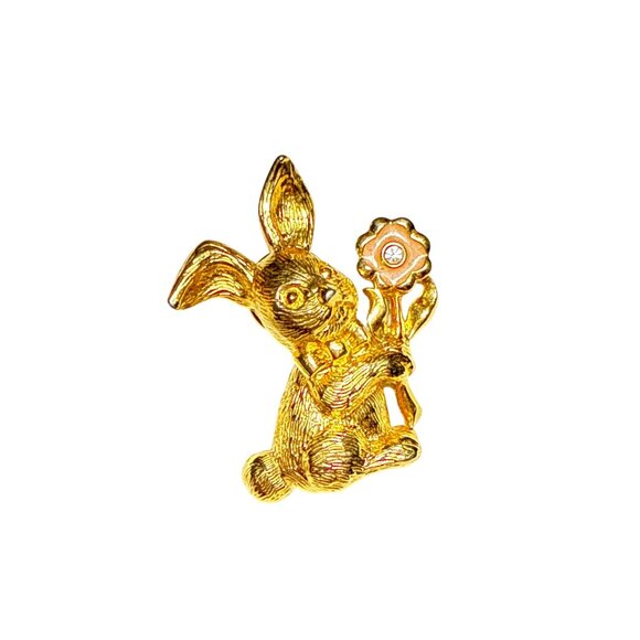 Gold Tone Bunny Rabbit Lapel Pin Holding Flower Vintage Brooch Cute Easter Gift - Picture 1 of 14